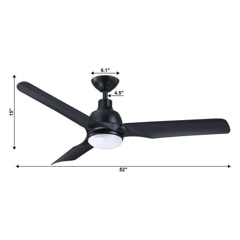 52" Black ABS 3-Blade Modern Dimmable LED Ceiling Fan with Remote