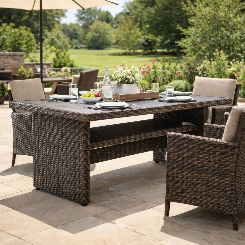 Soha 59 Inch Outdoor Multi Use Dining Table, Resin Wicker with Shelf, Brown
