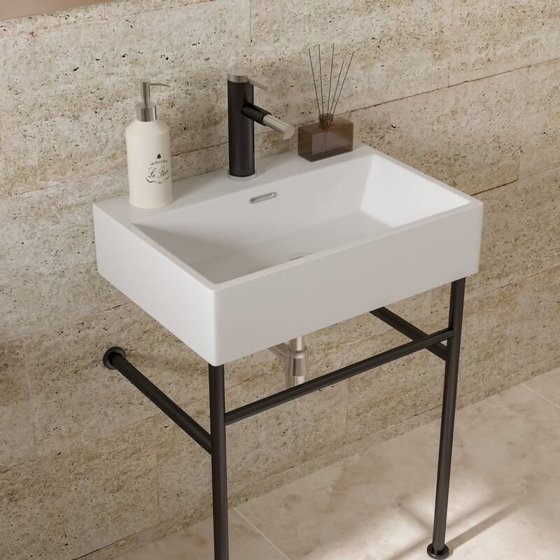 24" Console Sink for Bathroom with Overflow, White Ceramic Basin, Black Metal Legs, Includes Drain Kit