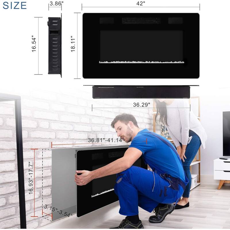 30-68" Featured Built-In Wall Fireplace with Timer / Touch Screen / Multi-Color Flame / Remote Control（750-1500W） - 42inch