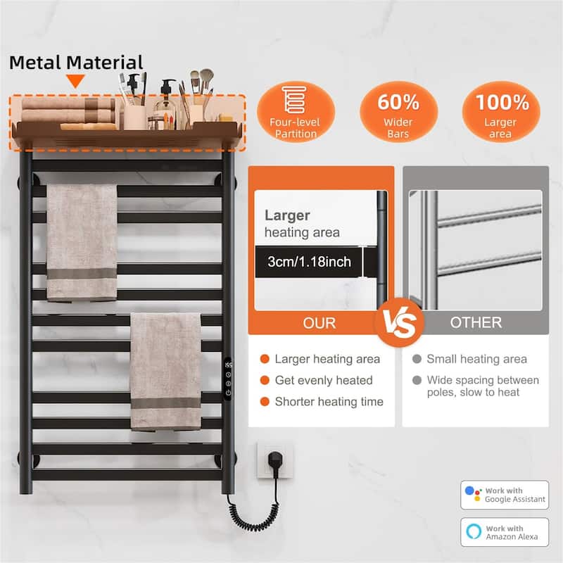 Heated Towel Rack with Shelf and Wi-Fi App Control