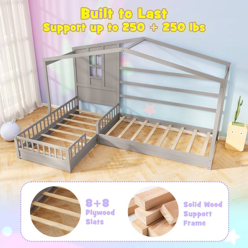 Gymax L-shaped Double Twin Beds House Platform Beds w/ Window & Fences