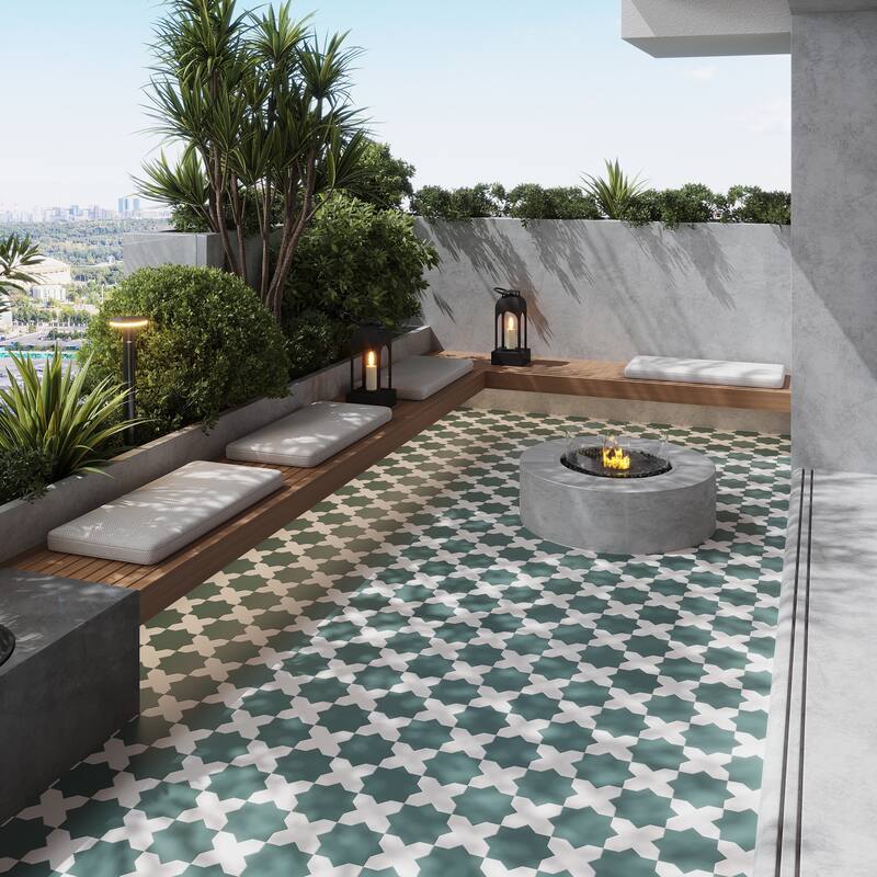 Seville 7" Star with 5" Cross Matte Porcelain Wall and Floor Tile (10.62 sq ft/case) - 68 Pack - Green/White