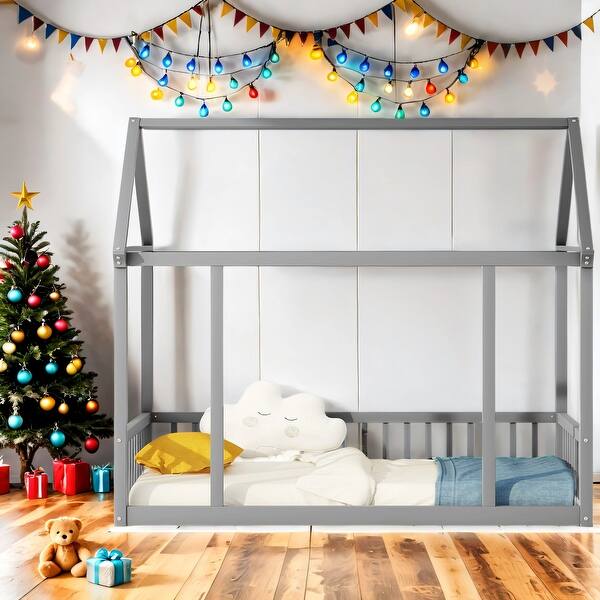 slide 2 of 39, Twin Size Floor Wooden Bed with House Roof and Safety Guardrails Grey
