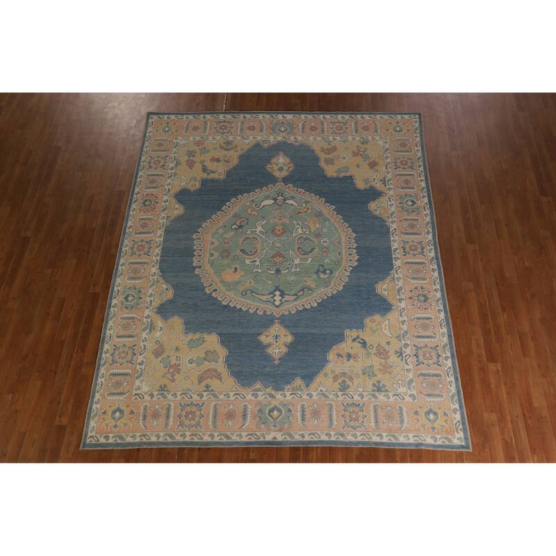 Hand Knotted Oriental 100% Wool Carpet Transitional Medallion Navy Blue & Blues Oushak Area Rug - 10' 1'' X 8' 3''