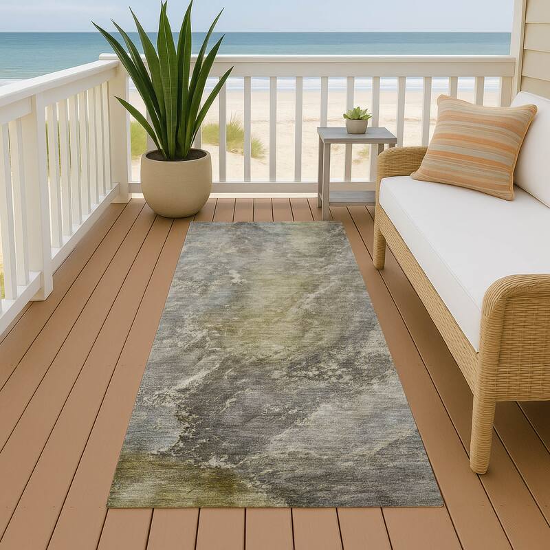 Machine Washable Indoor/ Outdoor Abstract Watercolor Chantille Rug - Pewter - 2'3" x 7'6"