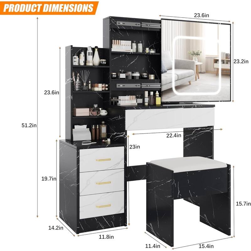 4 Drawers Dressing Table, Makeup Vanity Desk with 3 Color Adjustable Lights Mirror for Bedroom