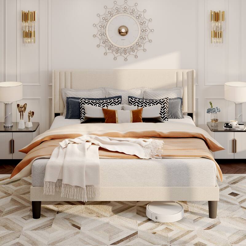 Twin/Full/Queen/King Bed Frame with Wingback Headboard, Upholstered Platform Bed