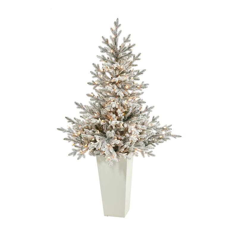 57" Flocked Artificial Christmas Tree with 300 Lights in Tower Planter