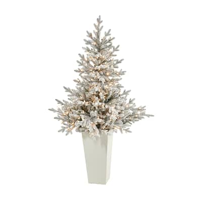 57" Flocked Artificial Christmas Tree with 300 Lights in Tower Planter