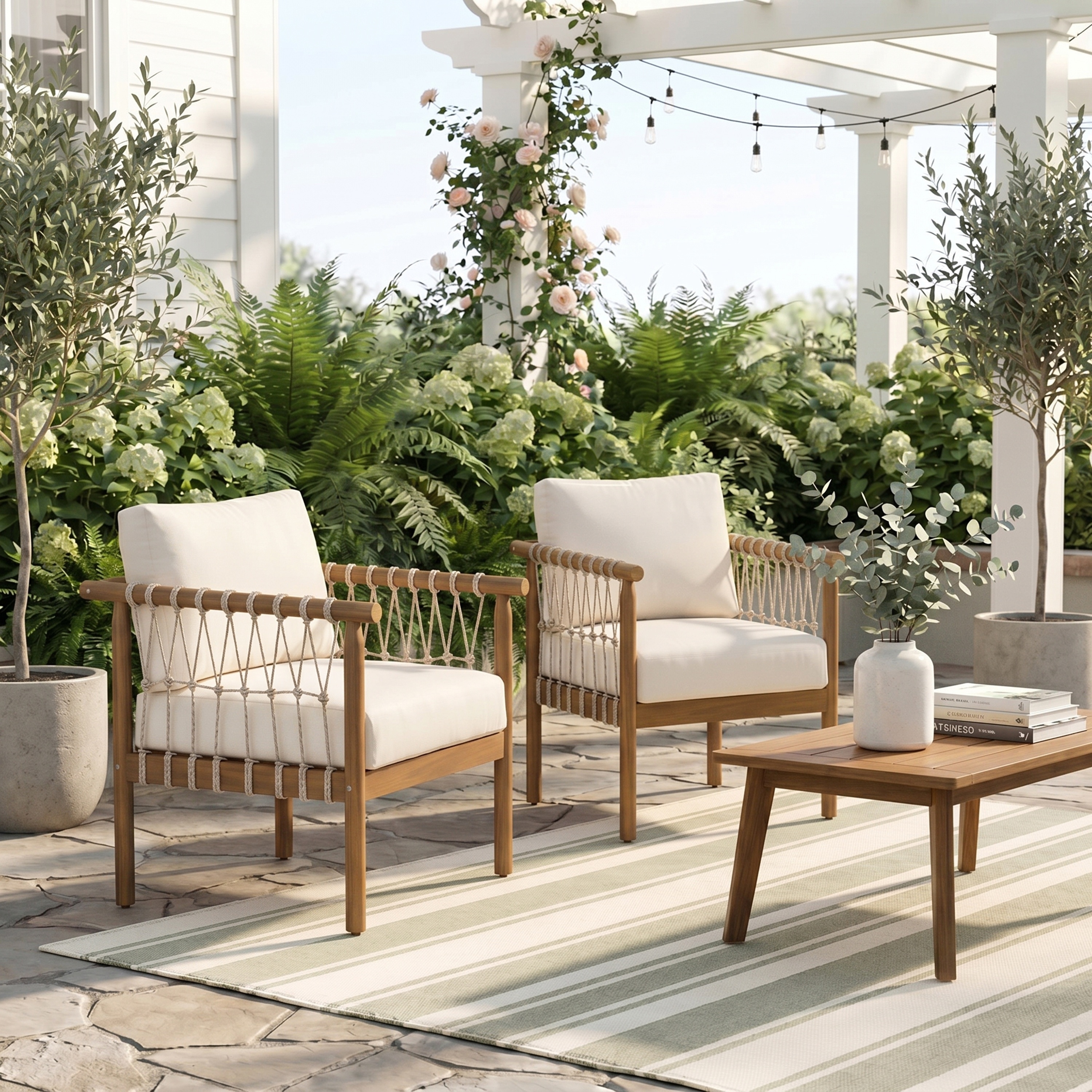 Christopher Knight Home - Set of 2 Harbor Outdoor Club Armchair with Acacia Wood Frame Rope Armrests and Cushions