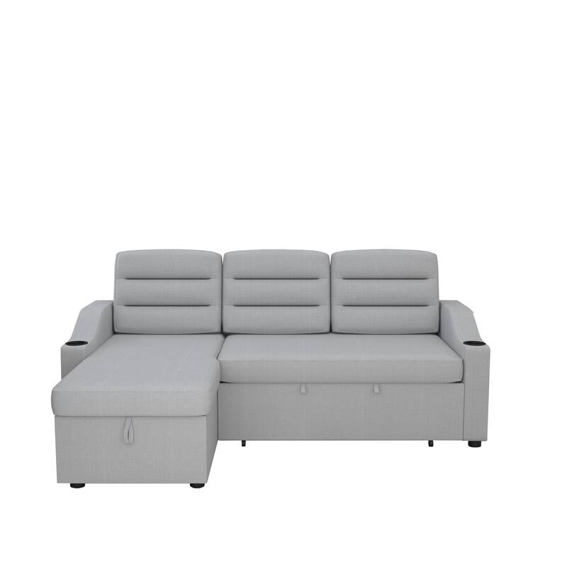 83.5'' Polyester Convertible 3 Seater Sleeper Sofa Couch with Pull-Out Bed, Storage Recliner, Cup Holder, and Side Pockets