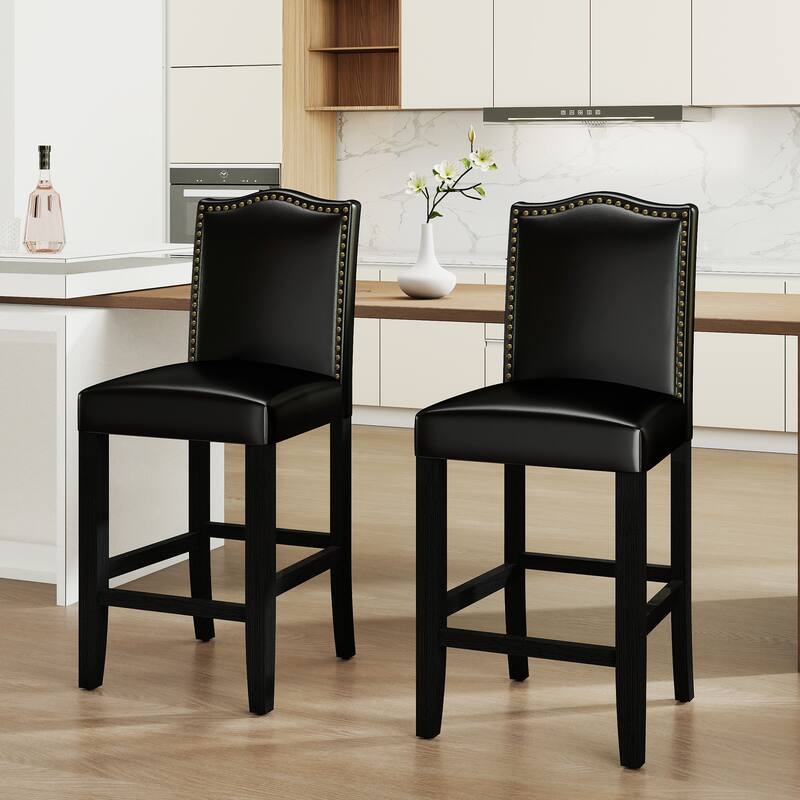 24 Inches Faux Leather Counter Height Bar Stools with Nailhead Trim