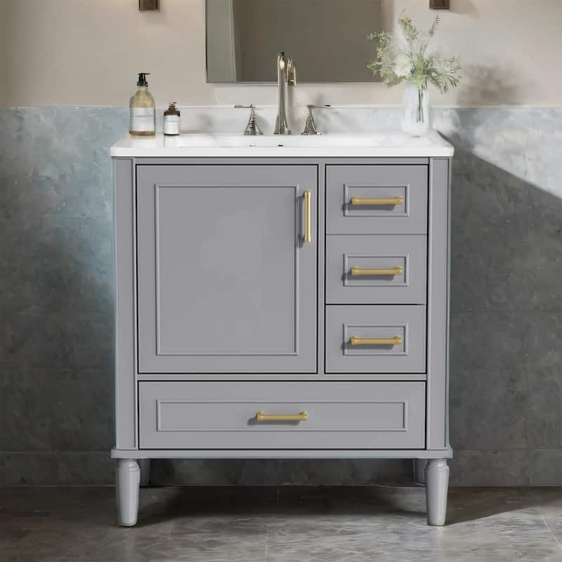 30inch Bathroom Vanity with Ceramic Sink, Soft-Close Door & 3 Drawers