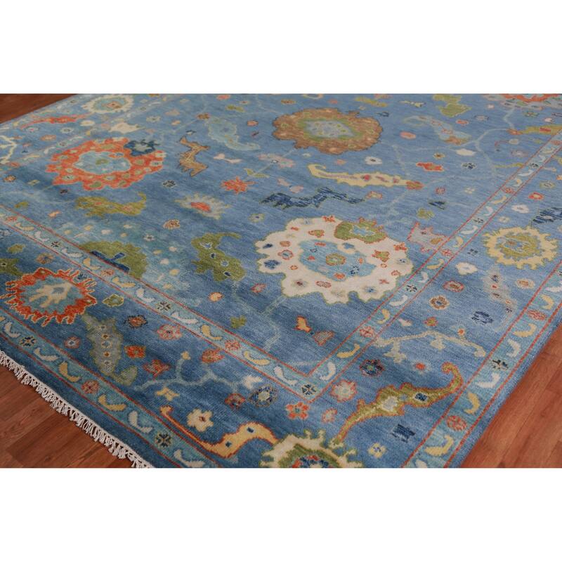 All-Over Blue Oushak Indian Large Rug Hand-Knotted Wool Carpet - 9'1" x 17'9"