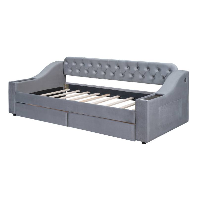 Modern Simple Twin Size Velvet Upholstered Daybed w/ Storage Armrests & USB Port Storage Bed Space-Saving/No Box Spring Required