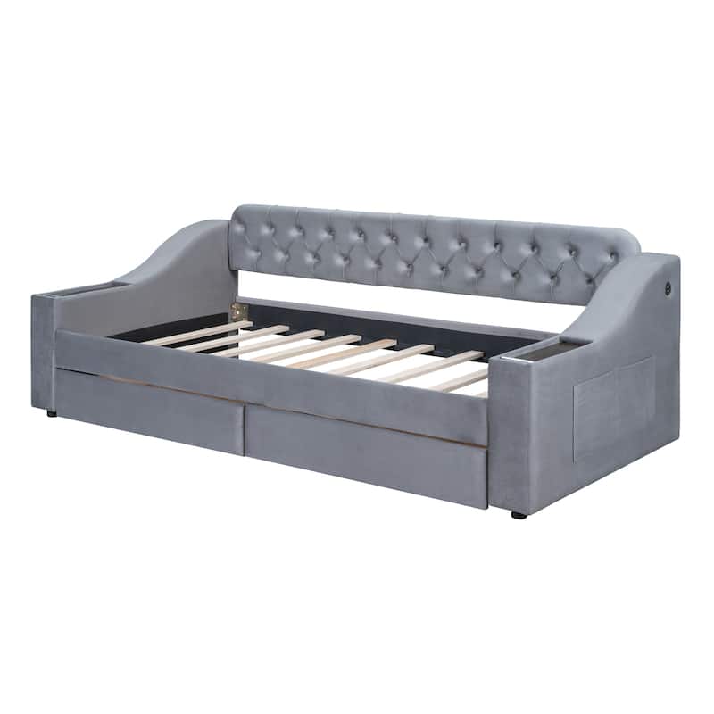 Velvet Upholstered Twin Daybed with Storage Armrests, 2 USB Ports, and Large Pull-Out Drawers, Modern Design