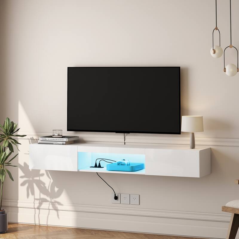 Roomfitters 63" Floating TV Stand Wall Mounted with 16 Color LEDs, Modern Entertainment Center Media Console Cabinet