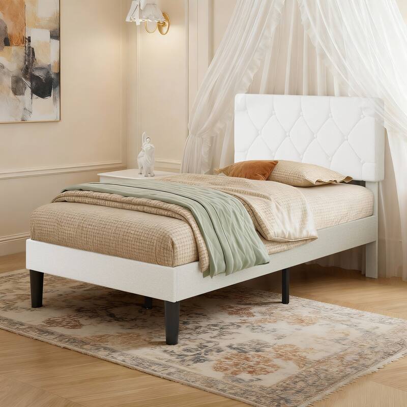 Beige Diamond Button Tufted Upholstered Bed with Linen Headboard No Box Spring Needed 7.87" Underbed Storage Center Support Leg