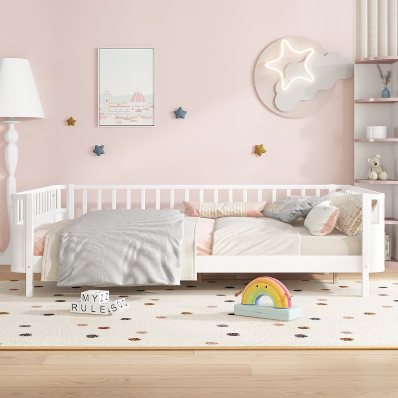Multi Size Low Platform Bed for Kids with Rounded Corners Guardrails, Detachable Right-side Fence and Open Left-side Design