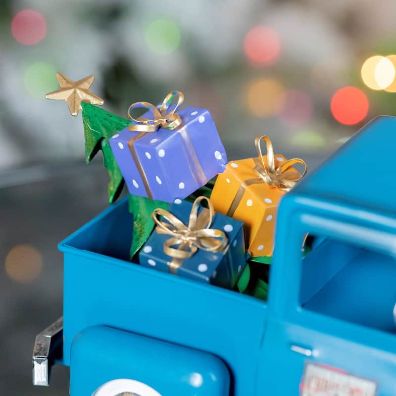 Metal Truck with Christmas Tree and Gifts in Blue - 13.5"x6"x6"