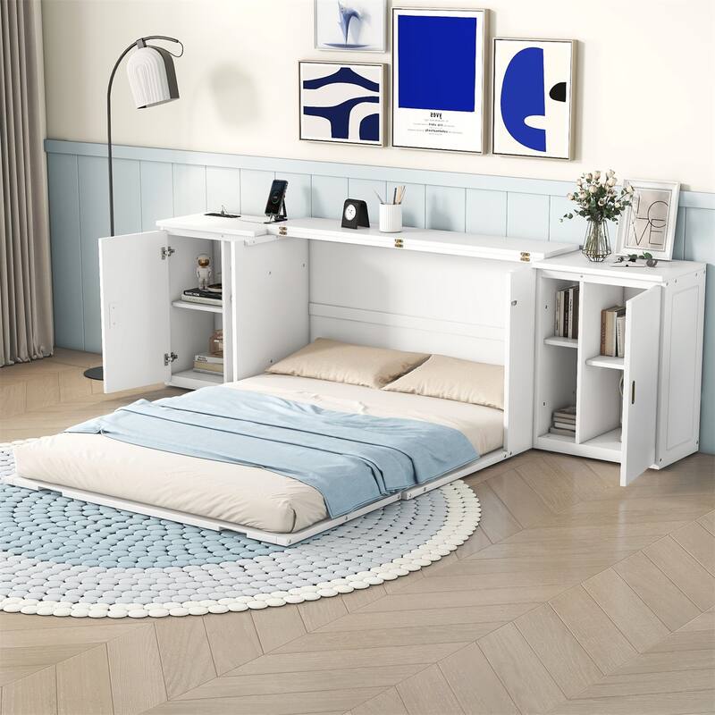 Merax Queen Size Murphy Bed, with Shelves, Cabinets and USB Ports - White