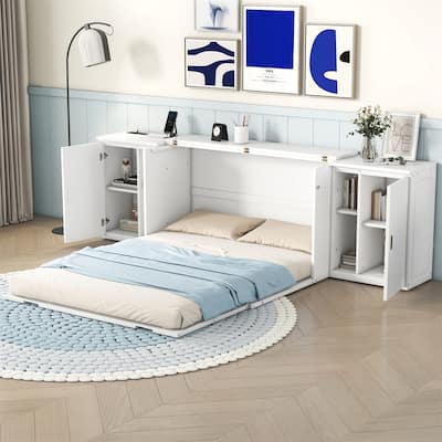Merax Queen Size Murphy Bed, with Shelves, Cabinets and USB Ports
