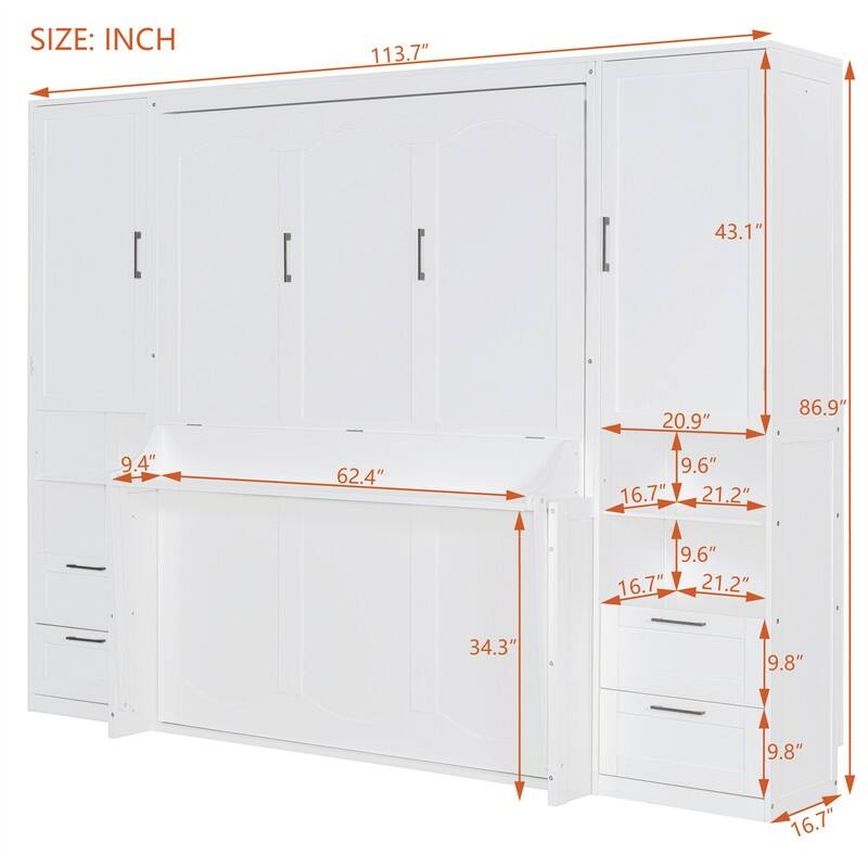 Queen Size Murphy Bed Wall Bed with 2 Wardrobes and 4 Storage Drawers, Foldable Murphy Cabinet Bed w/Open Storage Shelves& Stool