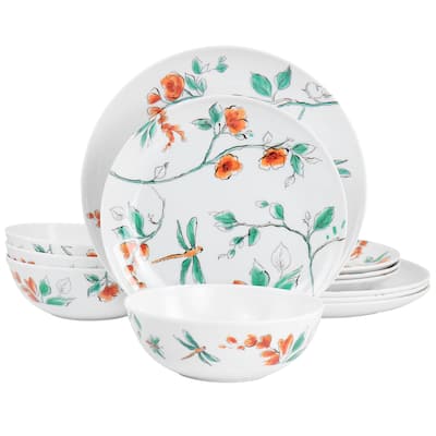 12 Piece Garden Trip Chip-Resistant Melamine Dinnerware Set in White