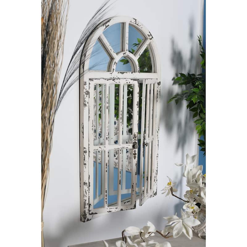 Wood Window Pane Inspired 2 Door Room Wall Mirror with Arched Top and Distressing - White - Roche River Decor