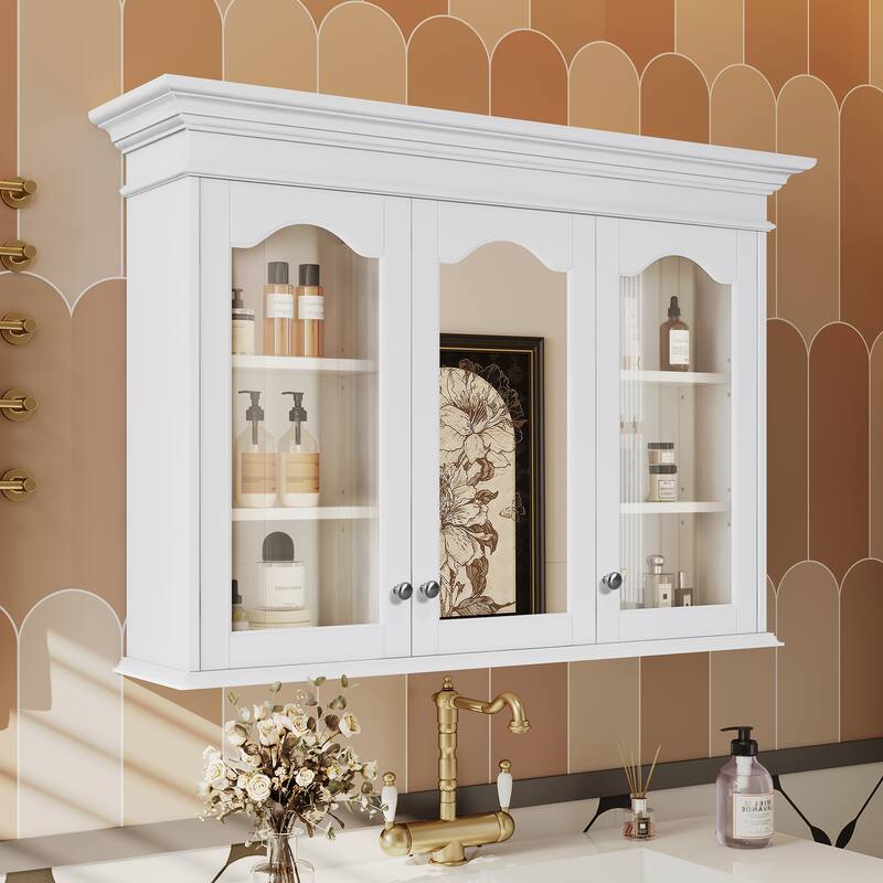 40-Inch Bathroom Storage Cabinet With Mirror Door, Glass Panels, And Shelves, Designed For Wall Mounting - 40" - 40" - White