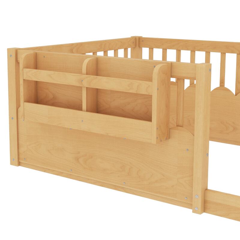Roomfitters Floor Bed with Bookshelf and Heightened Fence, Solid Wood Frame with Guardrails