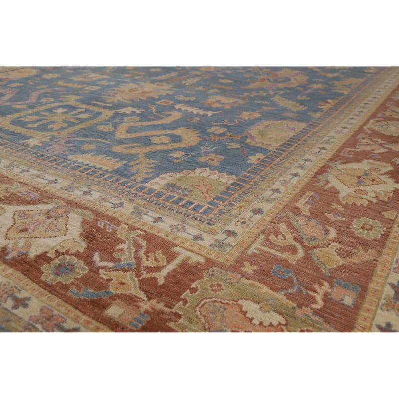 Hand Knotted Oriental 100% Wool Carpet Transitional All-Over Navy Blue & Blues Oushak Area Rug - 13' 11'' X 9' 9''