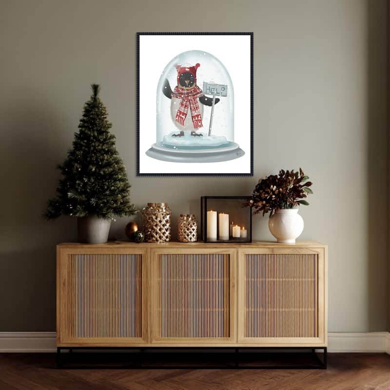 Christmas Penguin Snow Globe by Fab Funky (23 x 28 in.), Framed Canvas Wall Art Print - Sylvie Beaded Black