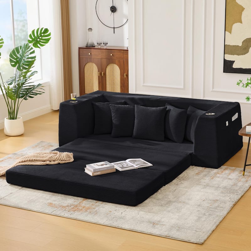 2-in-1 Convertible Corduroy Sofa Bed Folding Sleeper Loveseat Couch Full Floor Bed with Pillows, Storage Pockets and Cup Holders
