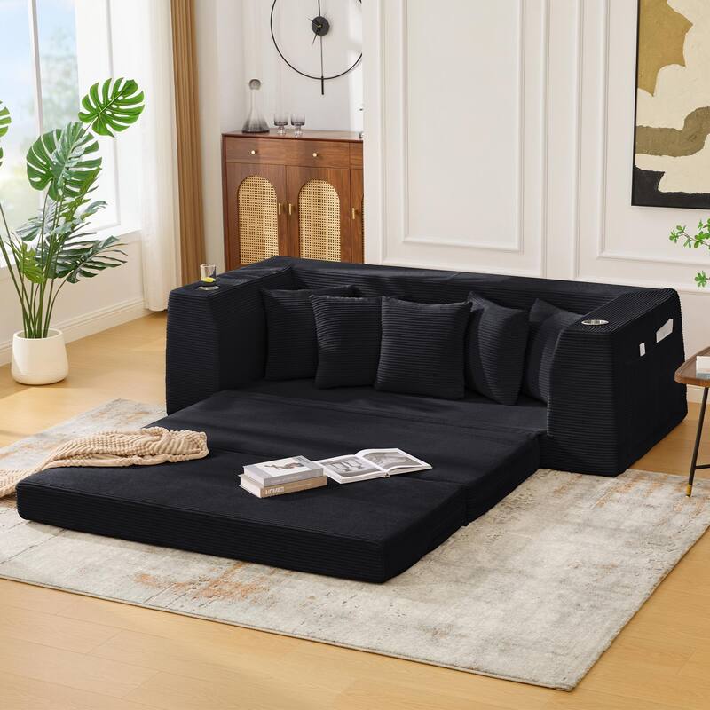 2 in 1 Convertible Sofa Bed, Sleeper Sofa with Storage Pockets, Pull Out Loveseat Couch with Two Cup Holders