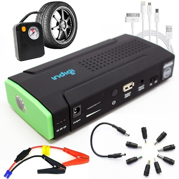 Indigi® 12800mAh HeavyDuty Rugged Portable Automotive Jump Starter PowerBank w/ Hard Carrying Case & Tire Inflator Included