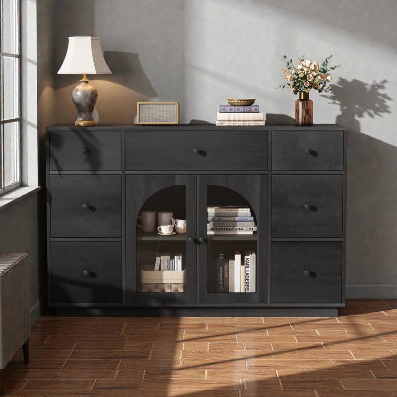 55'' Storage Cabinet with 7 Drawers and 2 Doors, Modern Sideboard with Adjustable Shelves for Living Room - Black