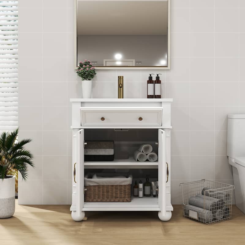 28"/36" Bathroom Vanity with Sink, Integrated Ceramic Basin Vanity Cabinet with Roman Column Base, Solid Wood Frame - White - 28 Inch