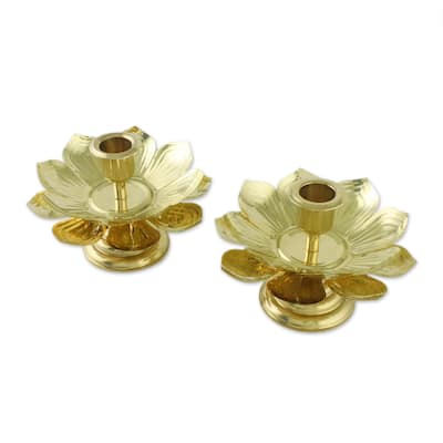 Novica Handmade Luminous Lotus Brass Candlesticks (Pair)