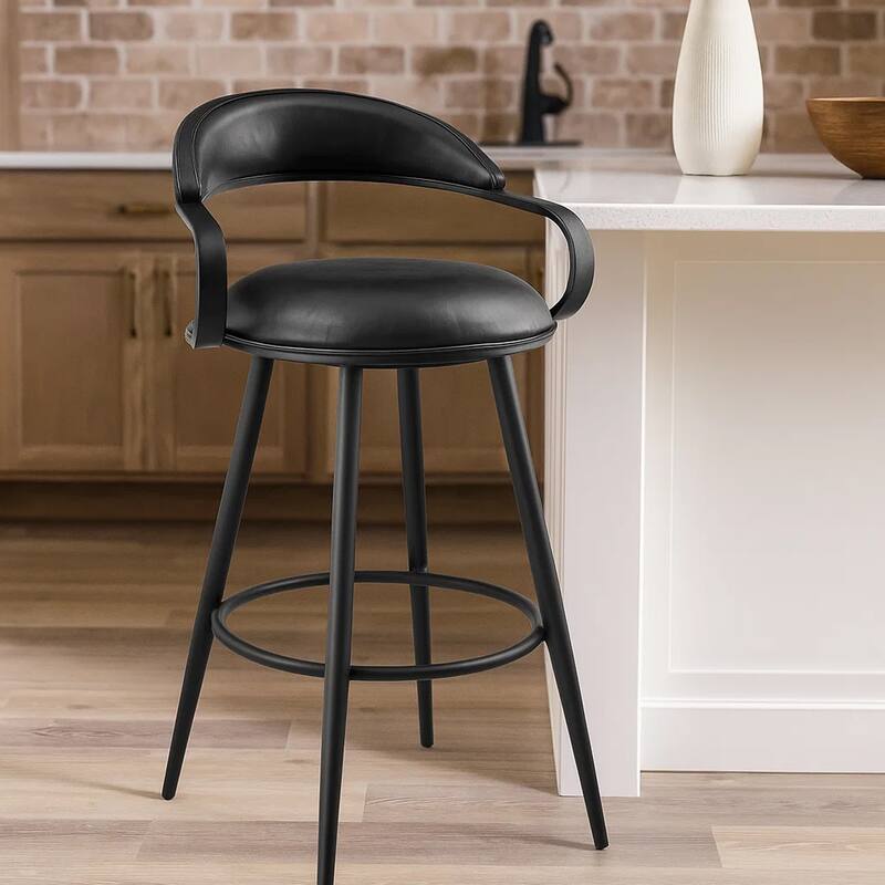 Gargy Swivel Counter Stool Chair, Floating Back, Black Faux Leather