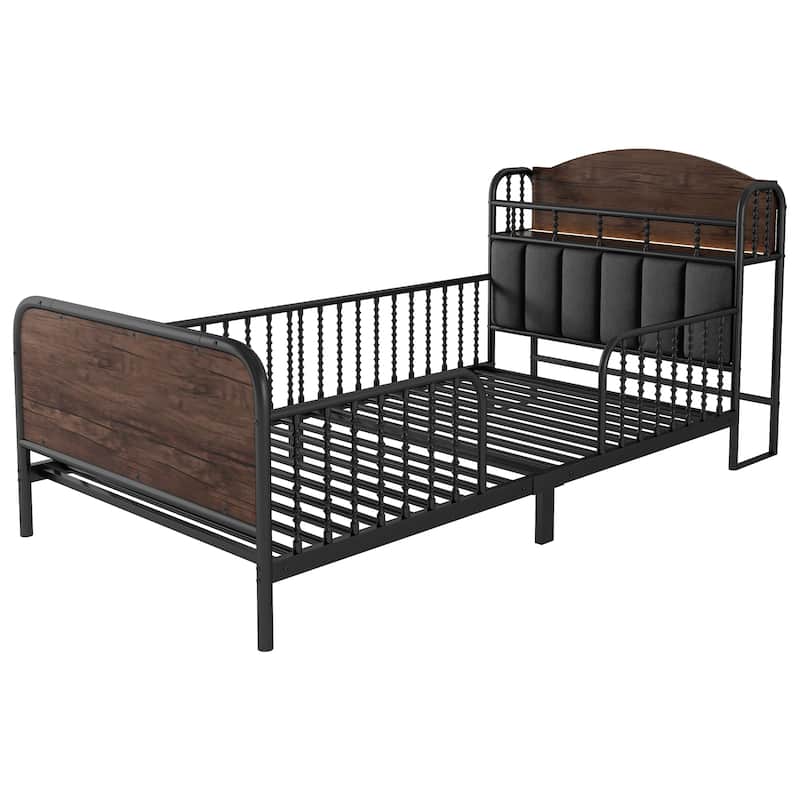 Kids Platform Bed Metal Frame with Linen Fabric Upholstered Storage Headboard Built-in Light Strip, Both Sides Rails