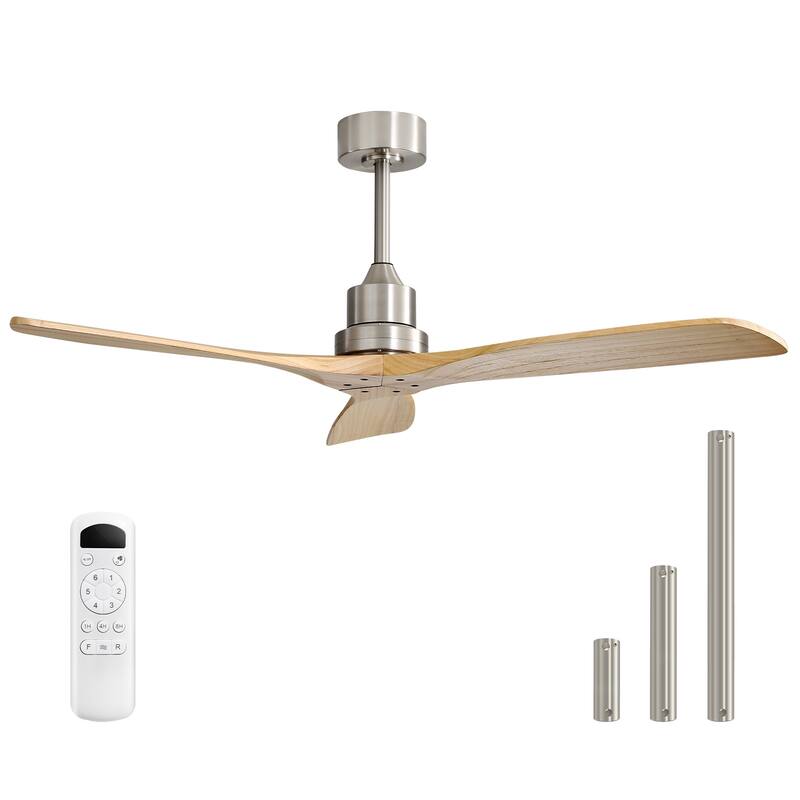 Sofucor 52 Inch Ceiling Fan without Light Solid Wood,with Remote,Smart Optional-Alexa/Google Assistant/APP/Remote Control - Remote Control - Nickel with Natural