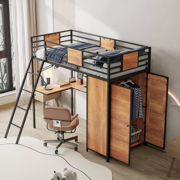 slide 2 of 19, Black Twin Loft Bed with Wardrobe & L-Shape Desk, Metal High Loft Bed Frame with Storage Shelves & Ladder for Kids Teens Bedroom Black - Twin
