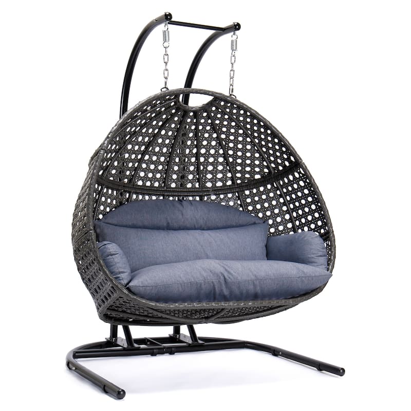Charcoal Wicker Hanging Double-Seat Swing Chair with Stand with Cushion