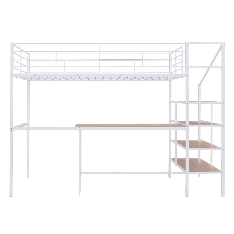 Contemporary Full Metal Loft Bed with Large Desk and Shelving Ladder, Space-Saving Design