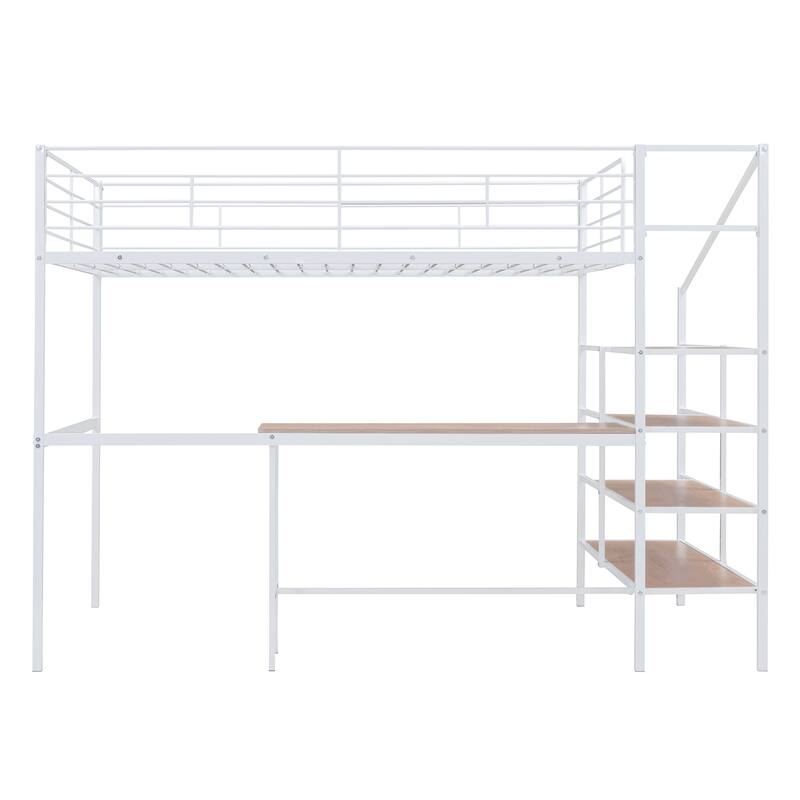 White Full Size Metal Loft Bed with Built-in Desk and Storage Ladder