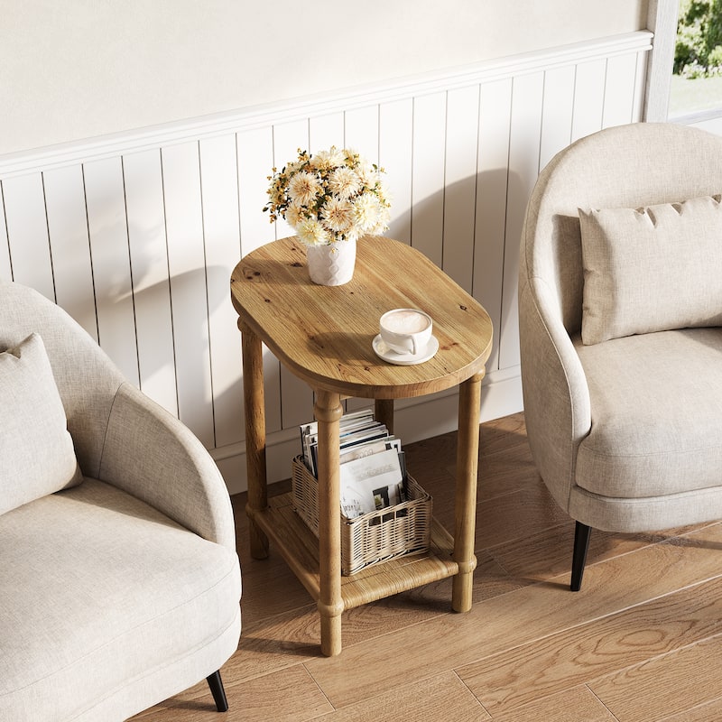 2-Tier Solid Wood End Table with Storage Shelves, Side Accent Table Nightstand for Living Room Bedroom