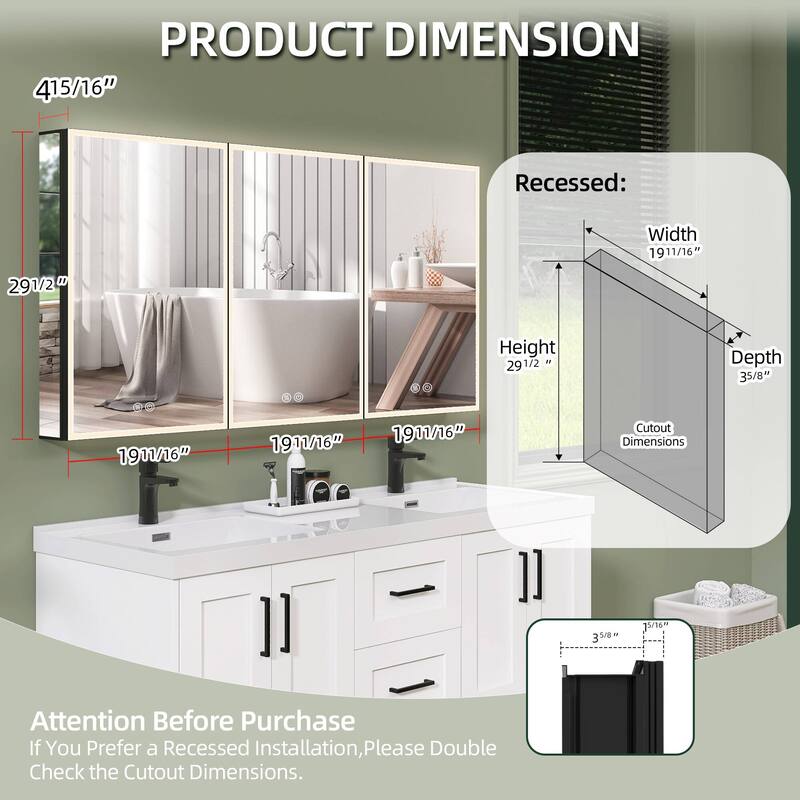 60'' W 30'' H Recessed Frameless Medicine Cabinet Mirror 9 Adjustable