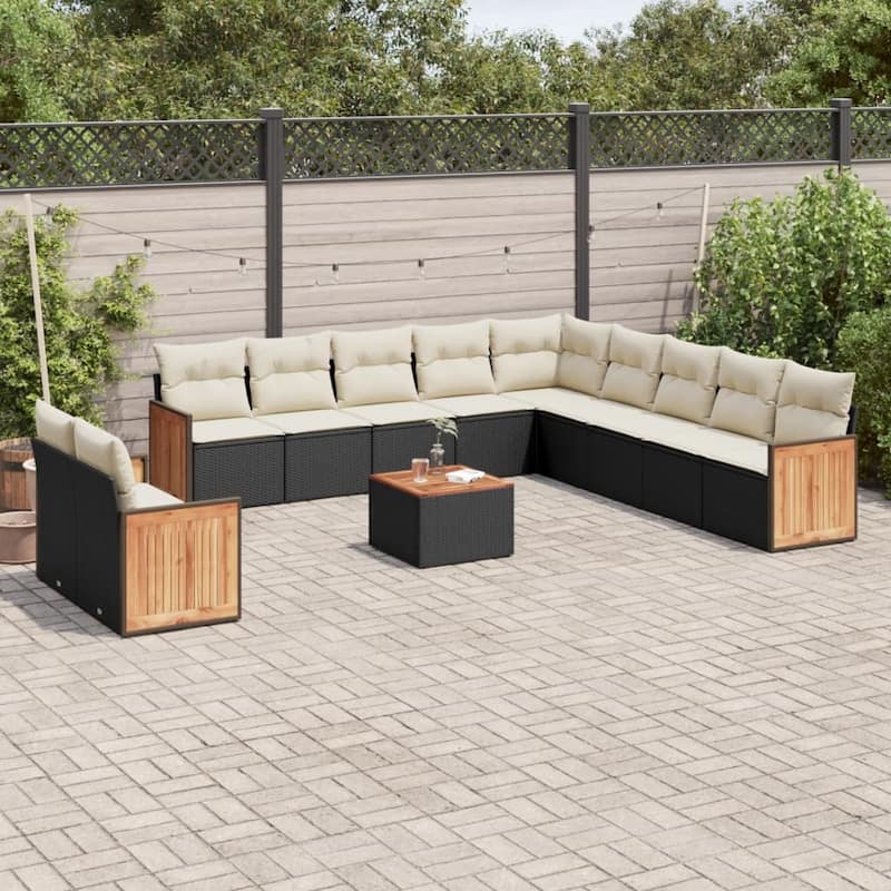 vidaXL Patio Sofa Set with Cushions Outdoor Conversation Furniture Poly Rattan - Black and cream with table - 21.7 x 21.7 x 14.6 in